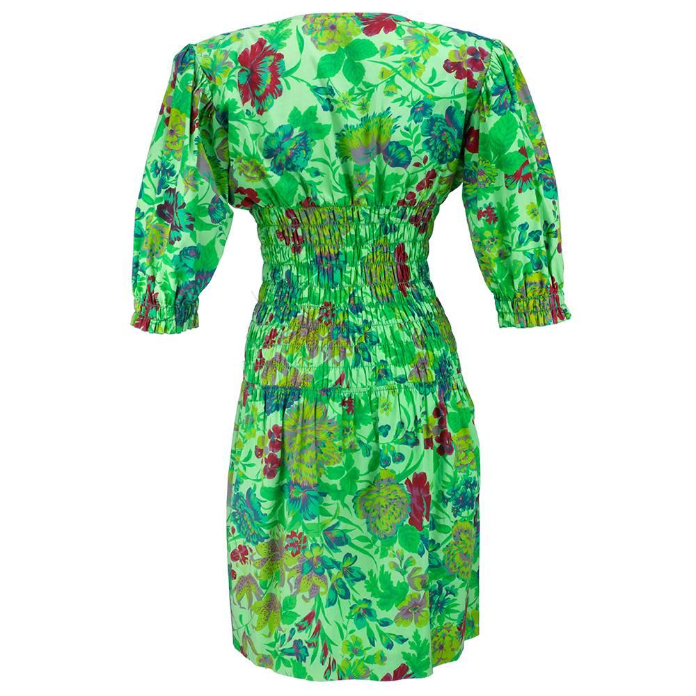 70s Ungaro Green Floral Cotton Smocked Summer Dress In Excellent Condition In Los Angeles, CA