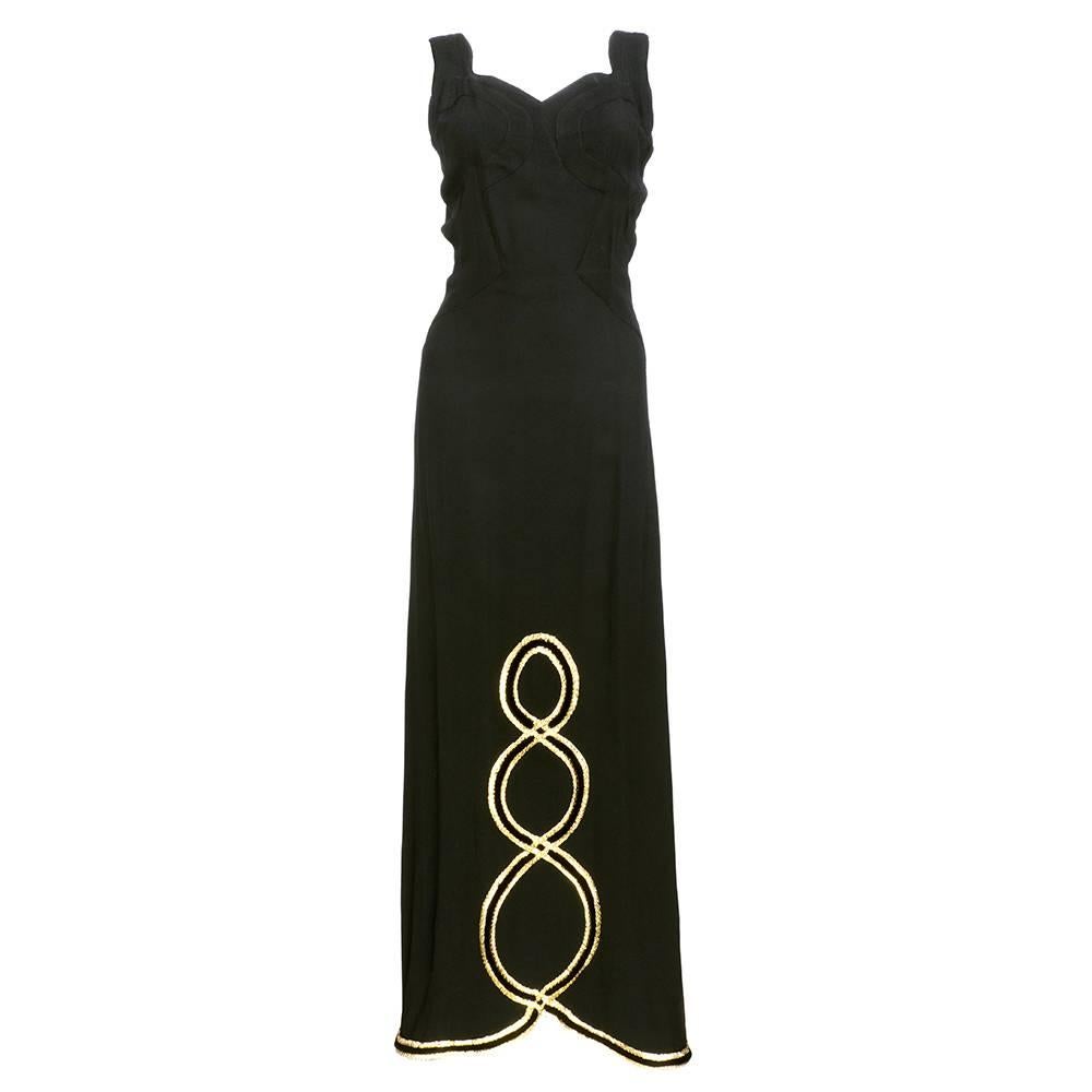 30s Chez Ninon Black Crepe Bias Cut Gown with Gold Foil Trim For Sale