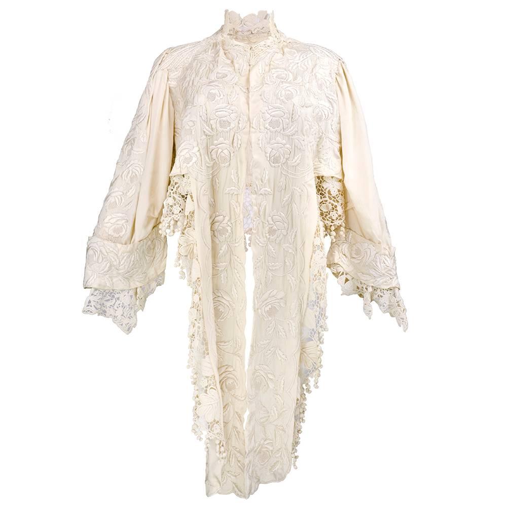 Victorian Ivory Silk Embroidered Mantle Circa 1880s For Sale