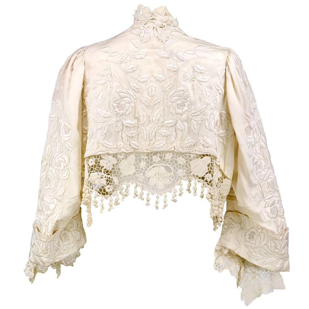 Beige Victorian Ivory Silk Embroidered Mantle Circa 1880s For Sale