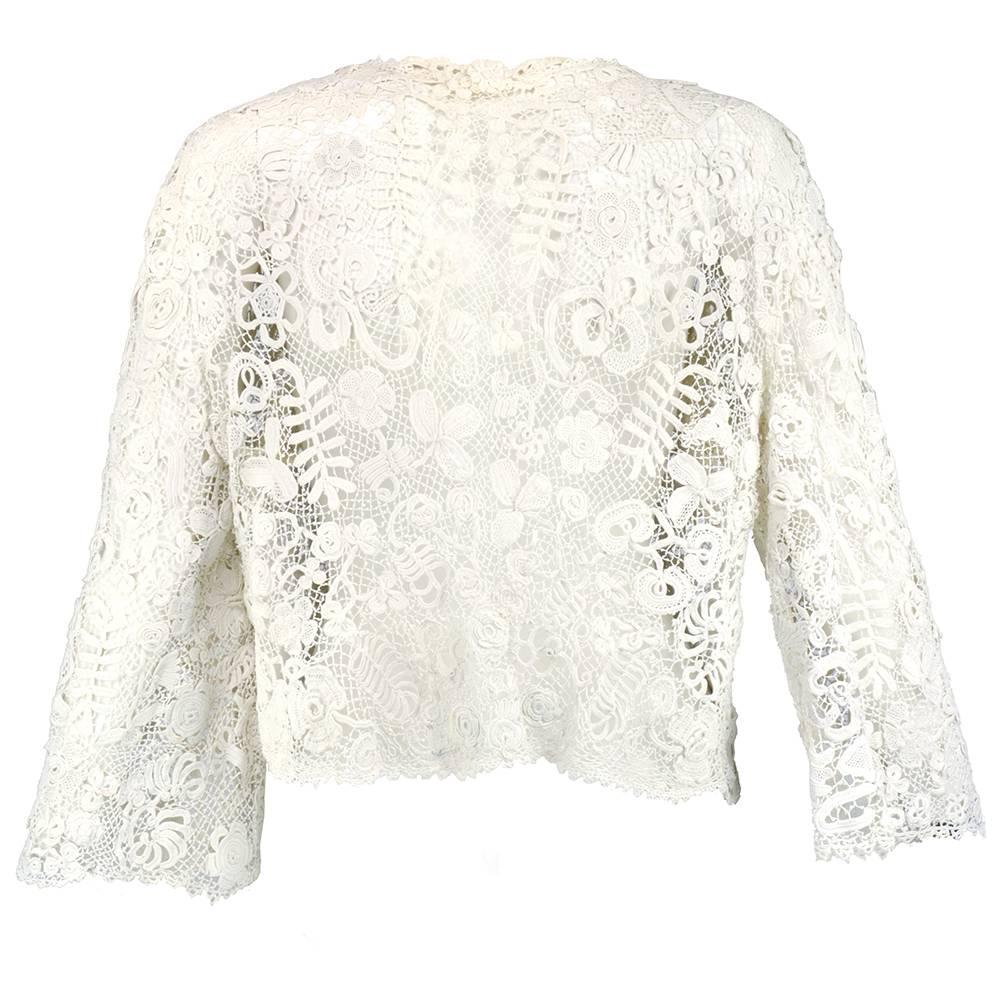 Gray Edwardian Solid Hand Made White Irish Crochet Jacket For Sale