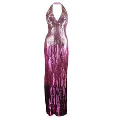 70s Ruben Panis Super Sexy Ombre Sequin Halter Neck Gown