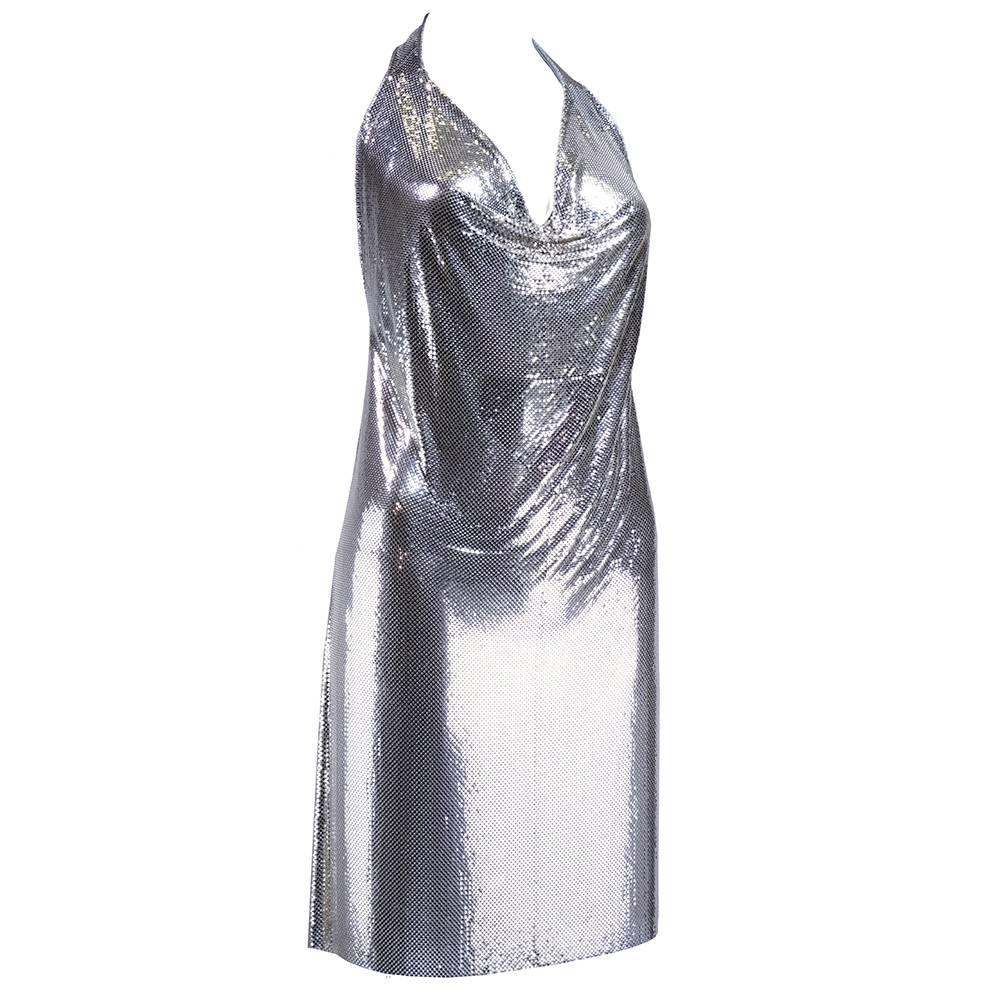 Ferrara Iconic Silver Metal Mesh Halter Body Con Dress For Sale
