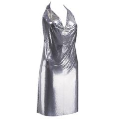 Ferrara Iconic Silver Metal Mesh Halter Body Con Dress