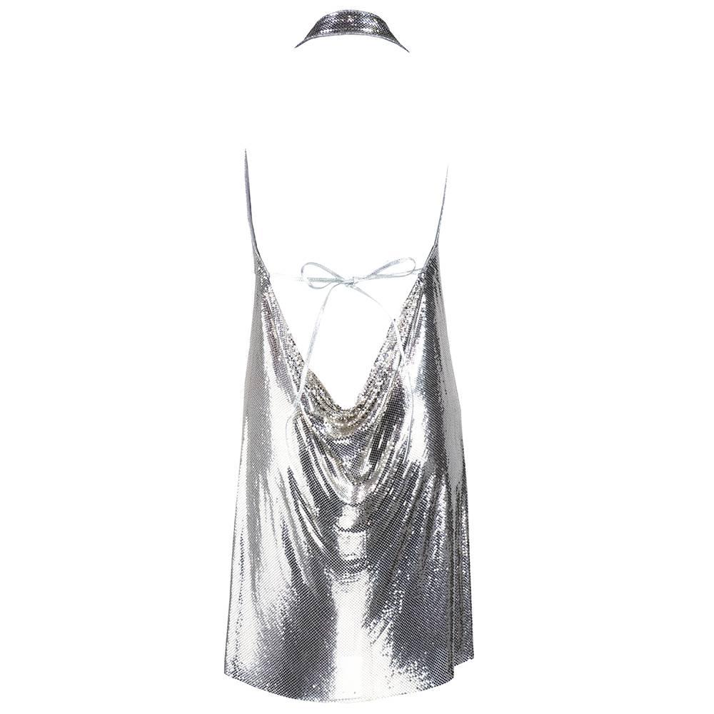 Contemporary redux of an iconic design. Hand made by Ferrara with silver-tone Whiting and Davis metal mesh. Draped neckline with a low draped back that ties with leather ties. Neckline is lined in felt for comfort. Otherwise unlined and super