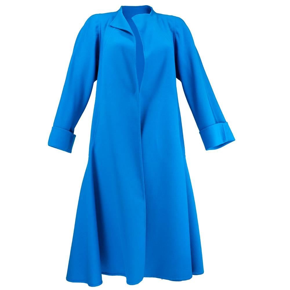 Pauline Trigere Blue Overcoat, 1980s For Sale