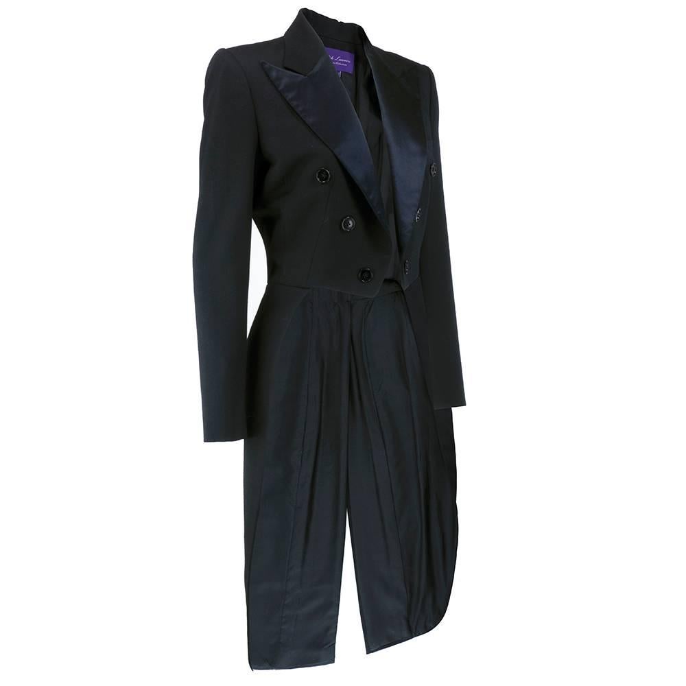 Vintage inspired tuxedo tail coat by Ralph Lauren purple label. 100% wool open front jacket with super peaked satin collar and sharp, lightly padded shoulders. Great to dress up or down. New with tags.
