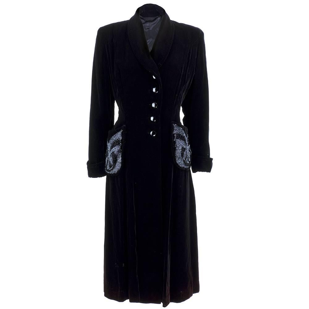 Dramatic 50s Noir Black Velvet Coat with Beaded Patch Pockets