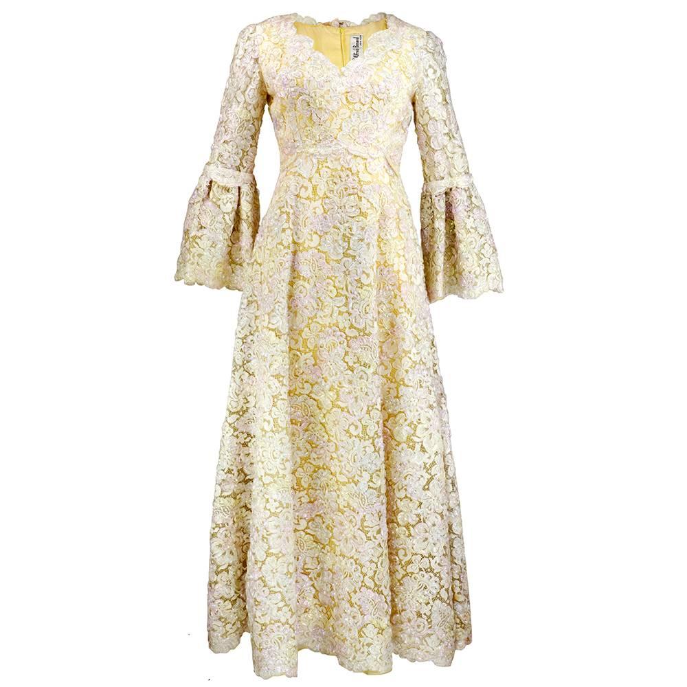 60s Lace with Iridescent Sequins Princess Gown For Sale