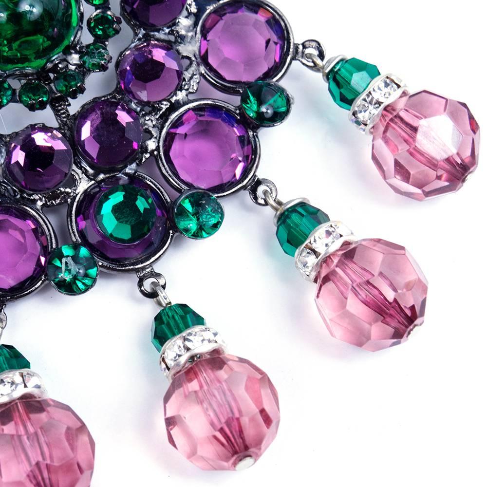 Earrings to make an entrance with. Larry Vrba's green and purple faceted stone chandelier drops with pink dangles accented with rhinestone rondeles. Contemporary piece fabricated with vintage findings. Very large but still comfortable and easy to