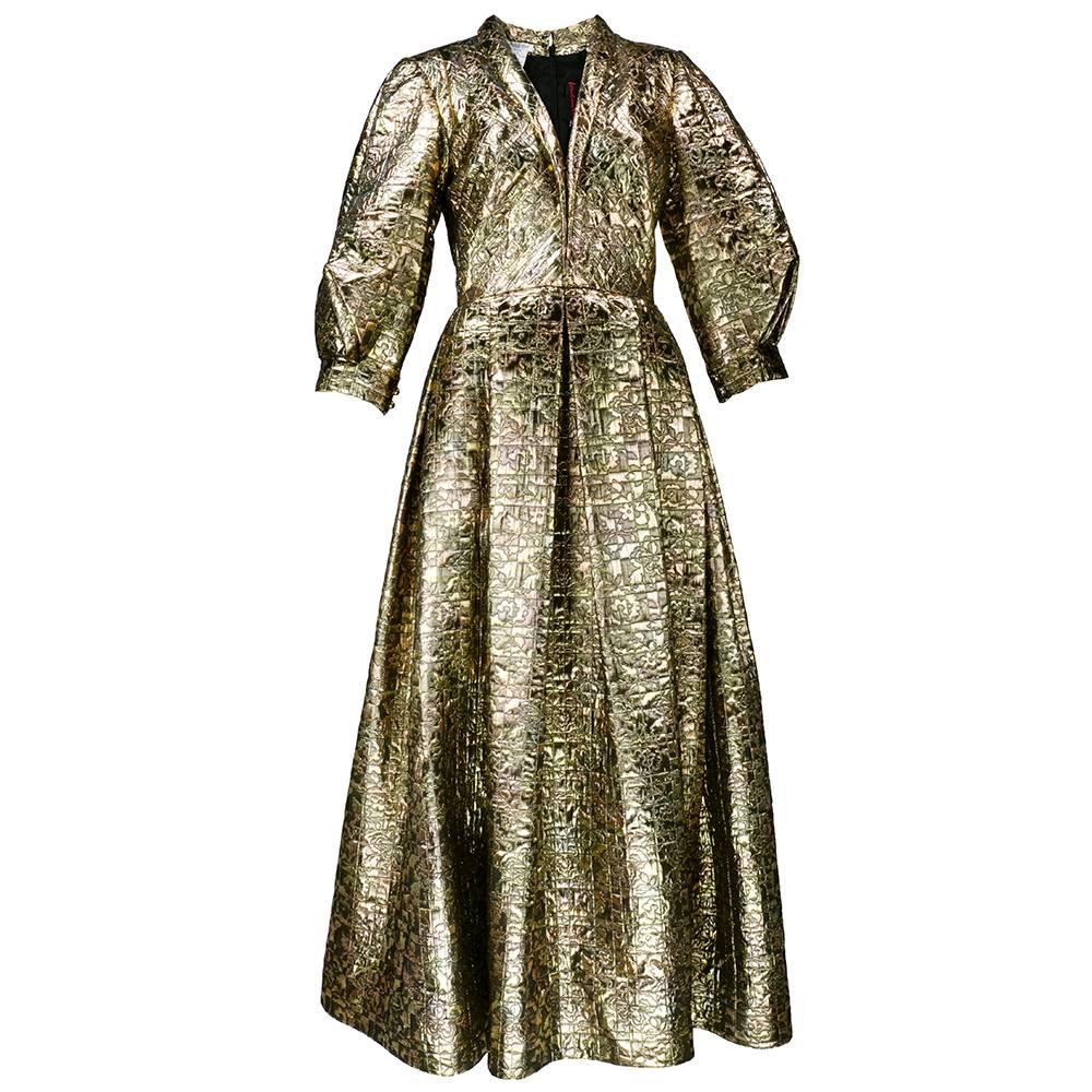 80s Pauline Trigere Gold Lame Matelasse  Gown For Sale