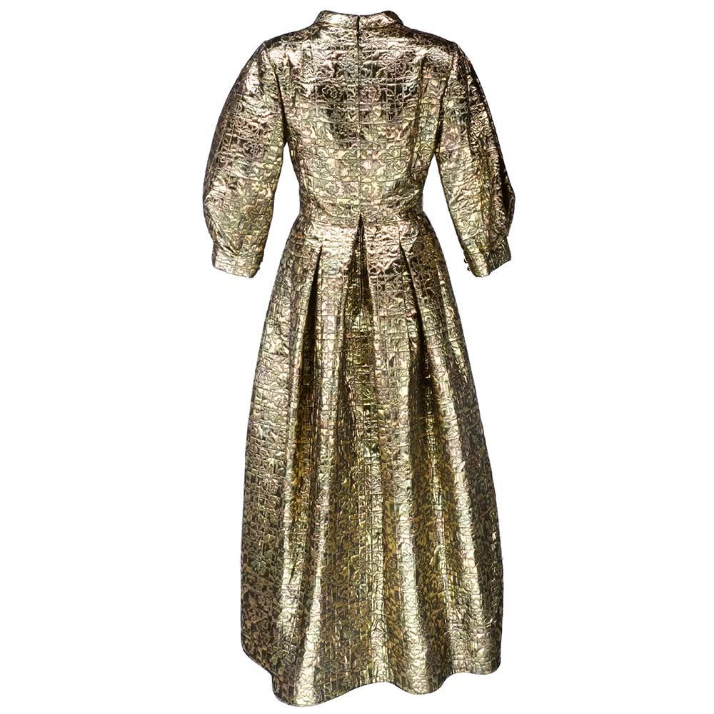 Brown 80s Pauline Trigere Gold Lame Matelasse  Gown For Sale