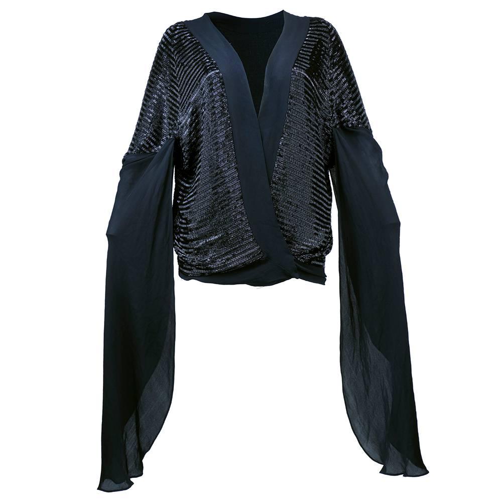 Heavy 1930s Black Chiffon Bugle Beaded Evening Jacket/Top For Sale