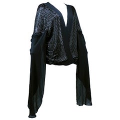 Heavy 1930s Black Chiffon Bugle Beaded Evening Jacket/Top