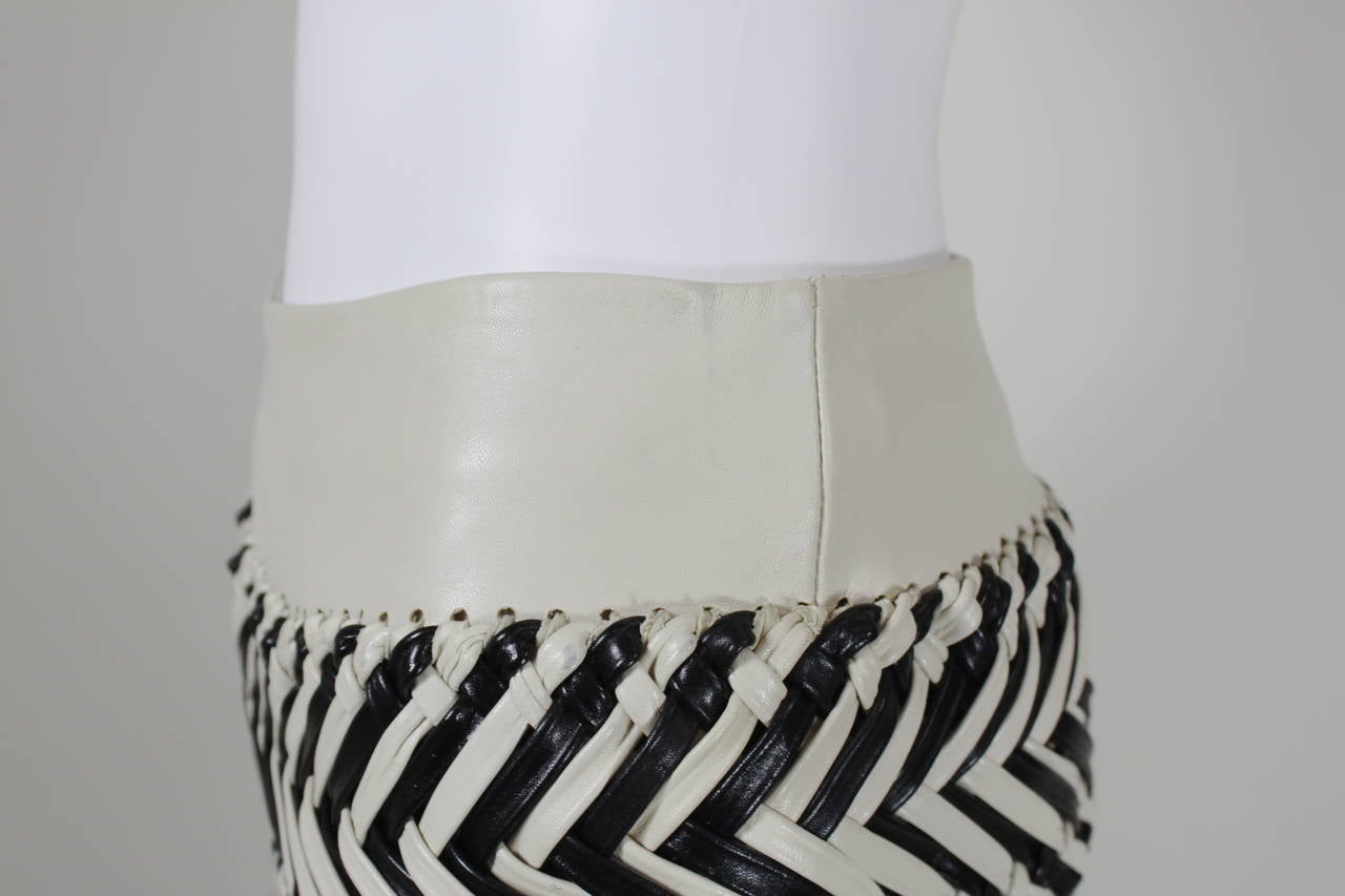 Gianfranco Ferre Cream and Black Leather Braided Trousers In Excellent Condition For Sale In Los Angeles, CA