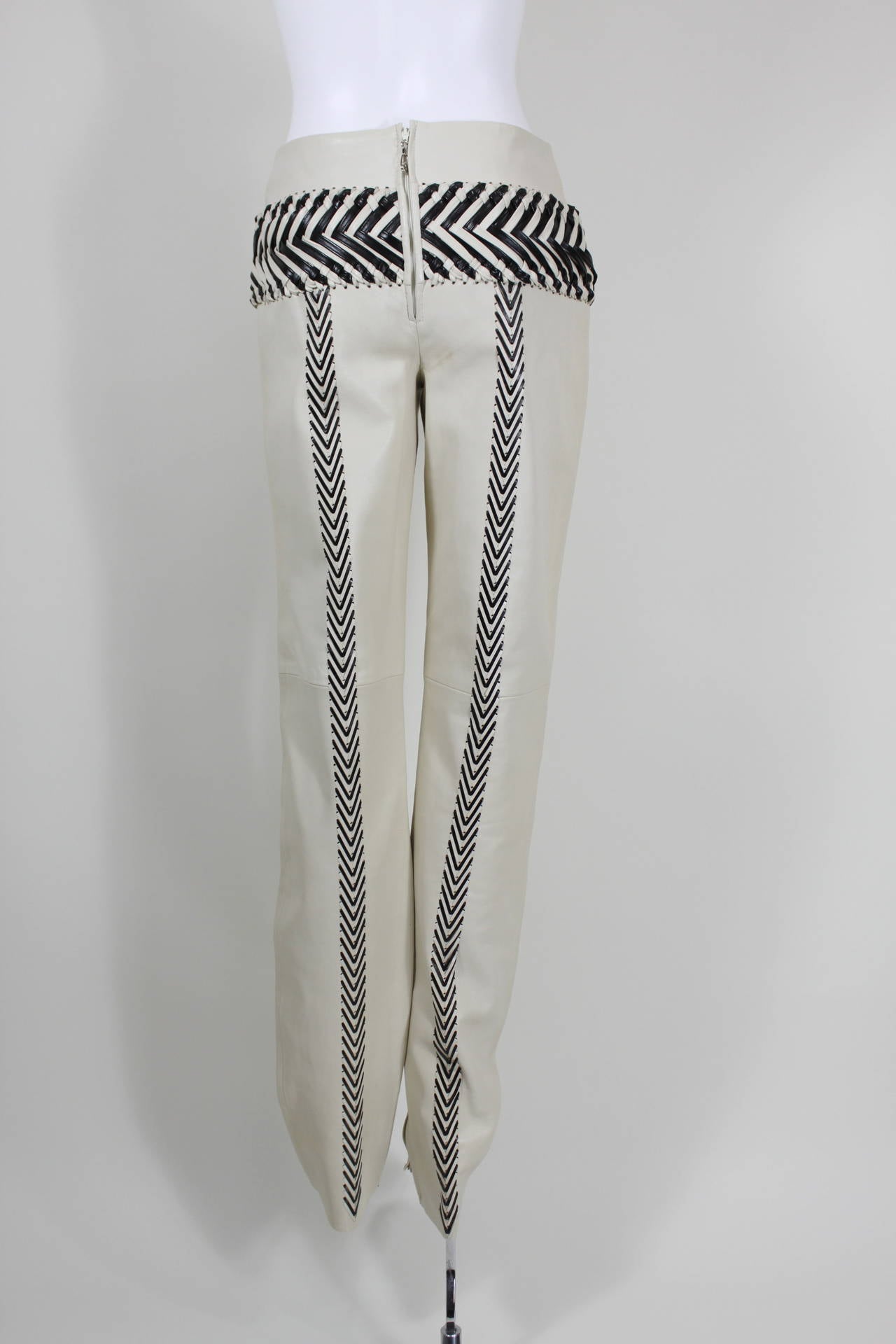 Gianfranco Ferre Cream and Black Leather Braided Trousers For Sale 3
