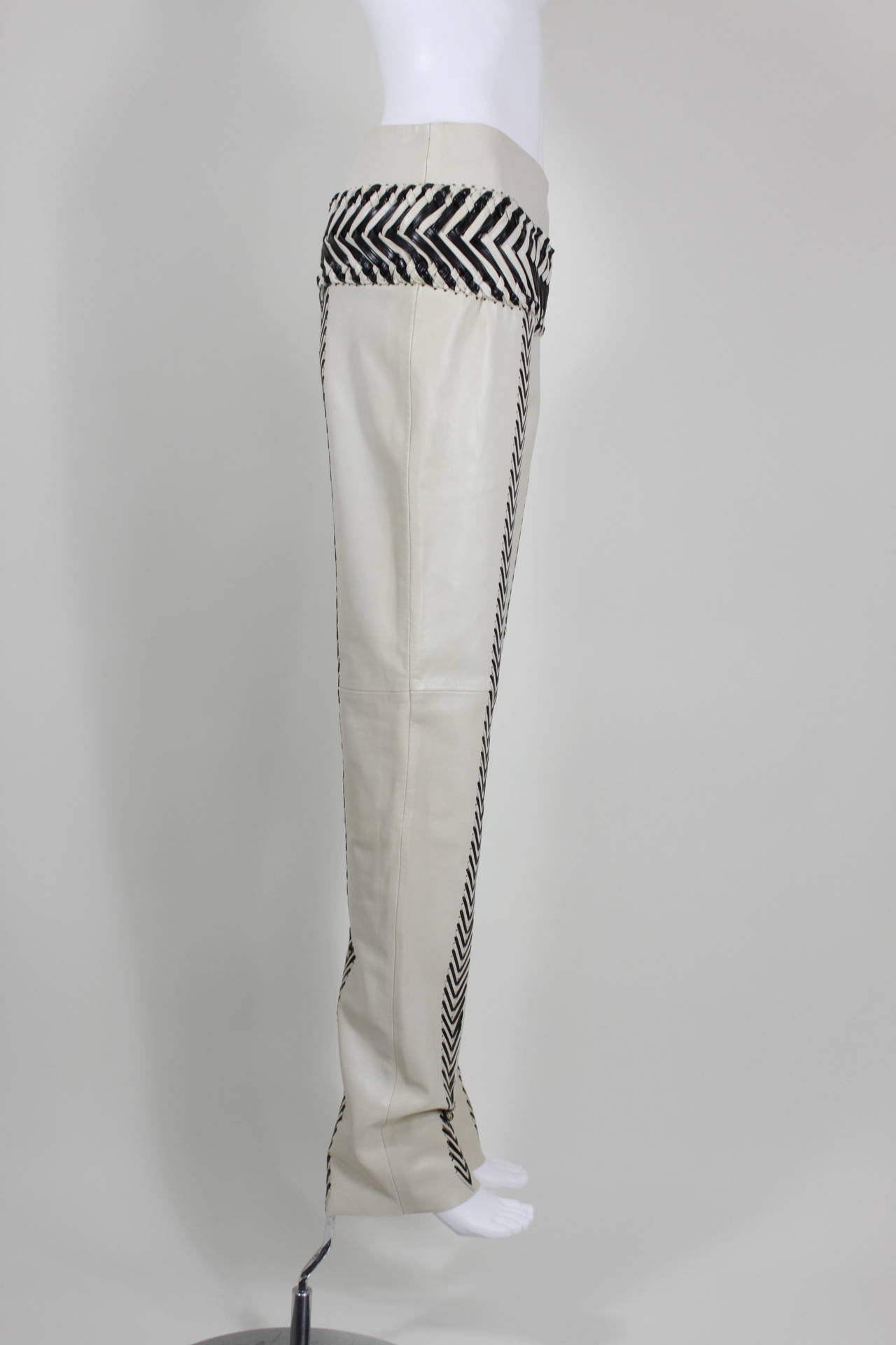 Gianfranco Ferre Cream and Black Leather Braided Trousers For Sale 2