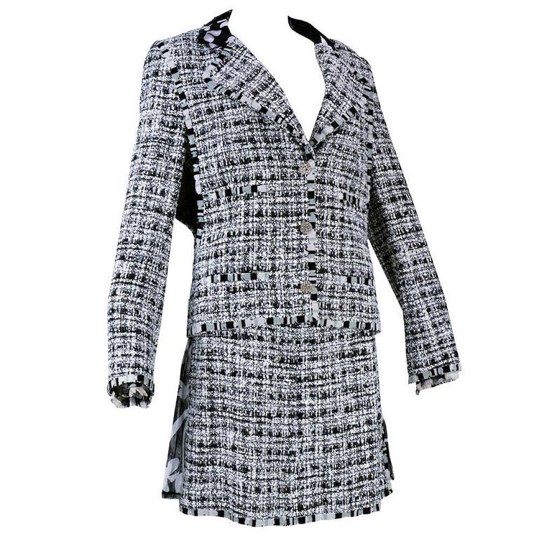 Chanel Nubby Tweed Suit in Black White and Grey with Floral Silk Lining ...