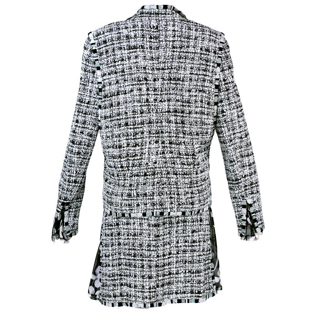 Gray Chanel Nubby Tweed Suit in Black White and Grey with Floral Silk Lining For Sale