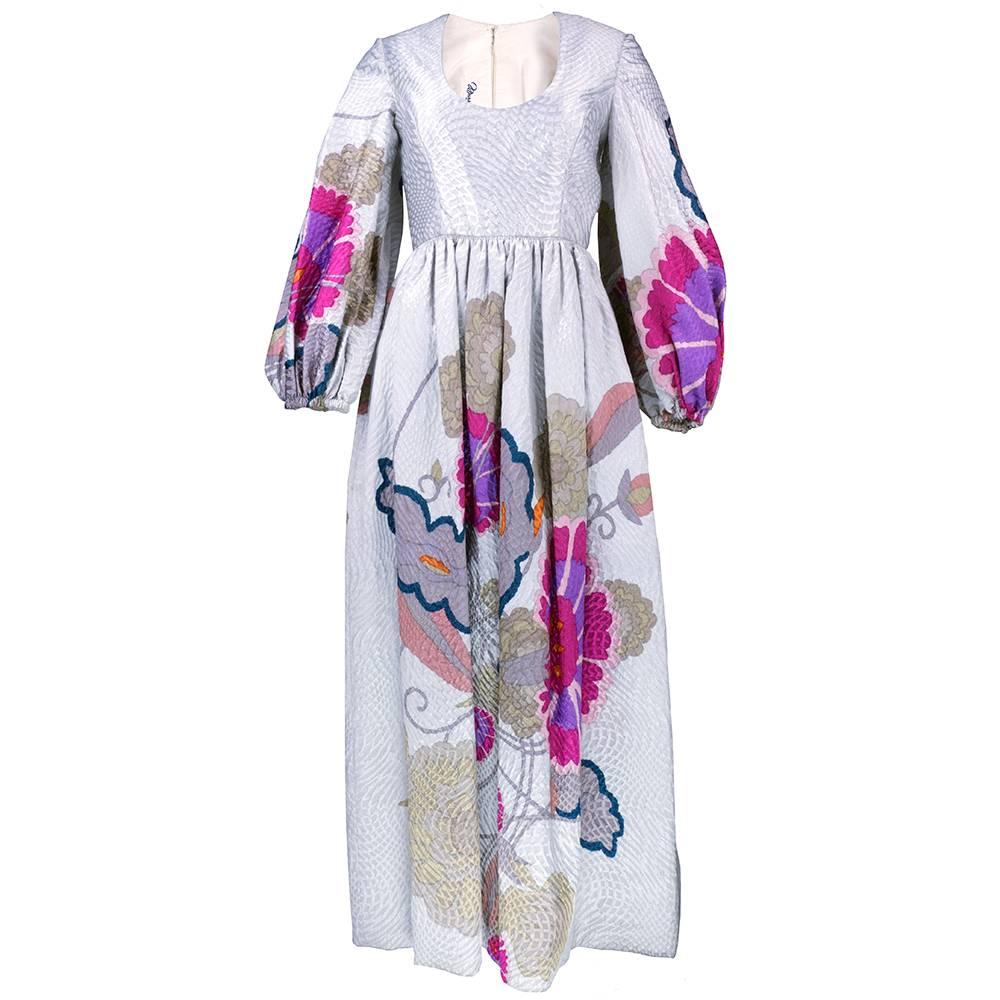 60s Marsal Silver Metallic Matelasse Gown with Asian Inspired Floral Pattern  For Sale