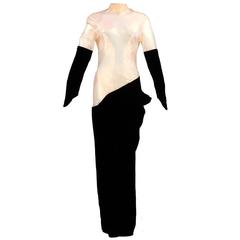 90s Thierry Mugler Daring Black Velvet and Sheer Gold Lame Gown