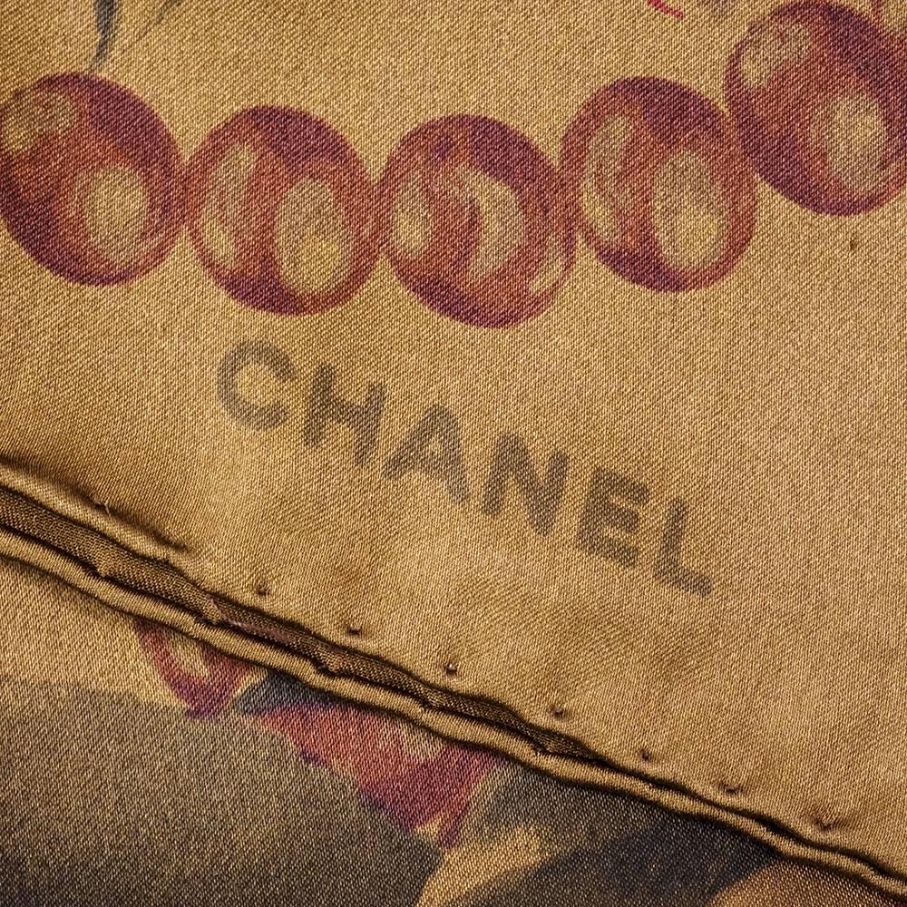 Brown 90s Chanel Sepia Toned Silk Floral Print Scarf