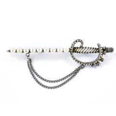 40s Sterling and Pearl Sword Brooch with Matching Earrings