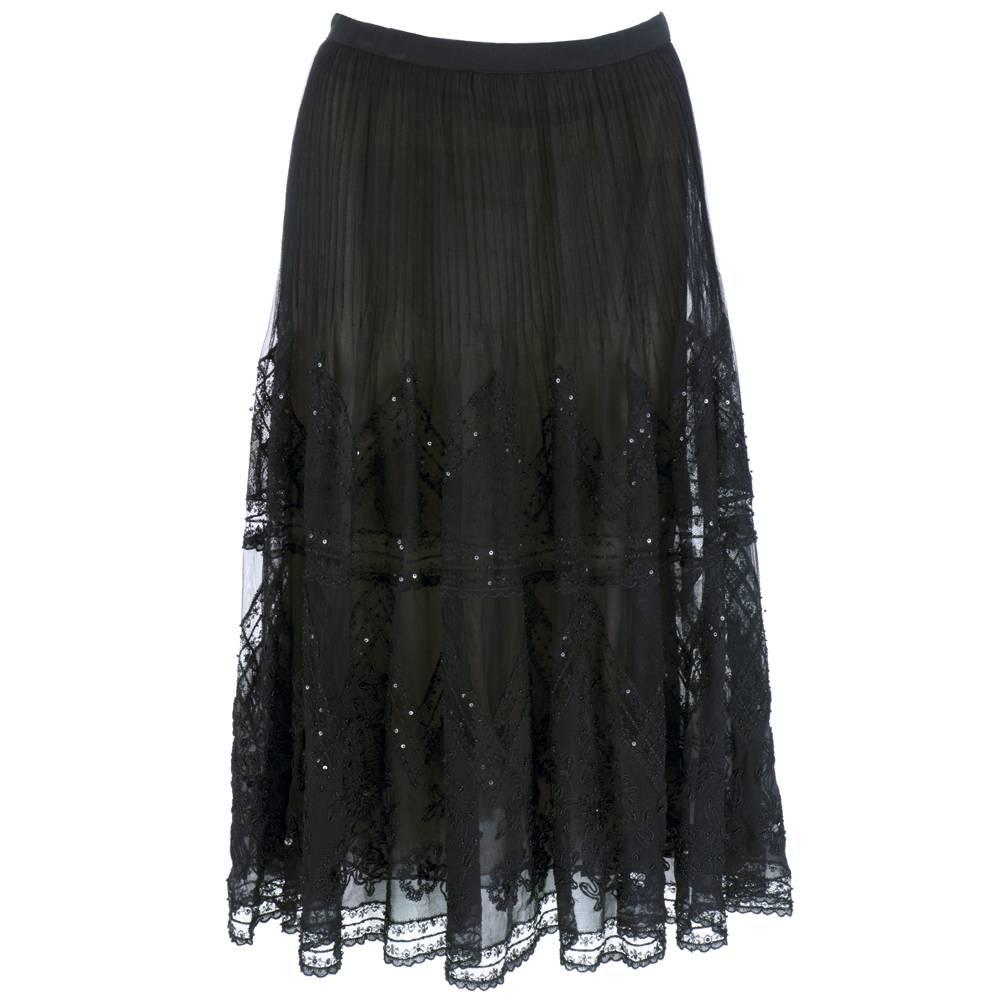 Oscar de la Renta Black Pleated Embellished Evening Skirt