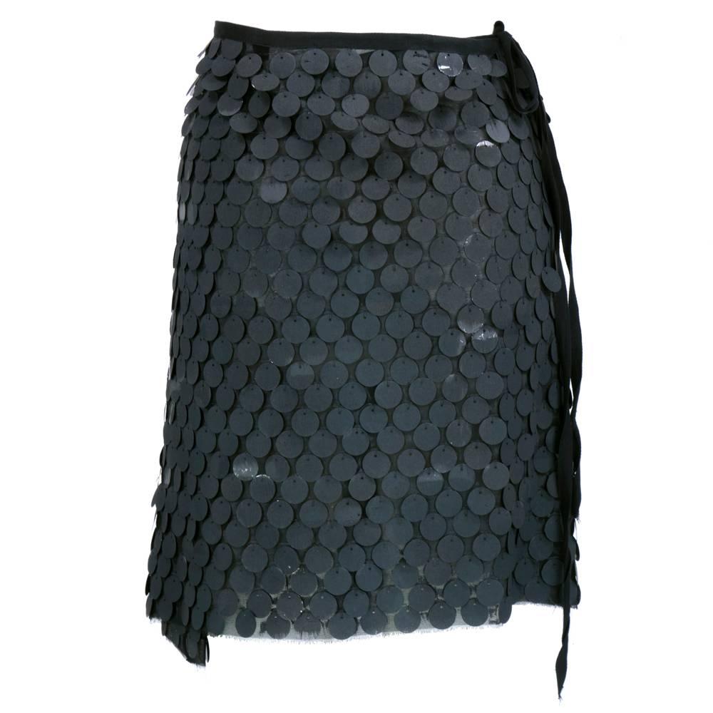 Black Dramatic Ann Demeulemeester Hand Brushed Wrap Skirt with Paillettes  