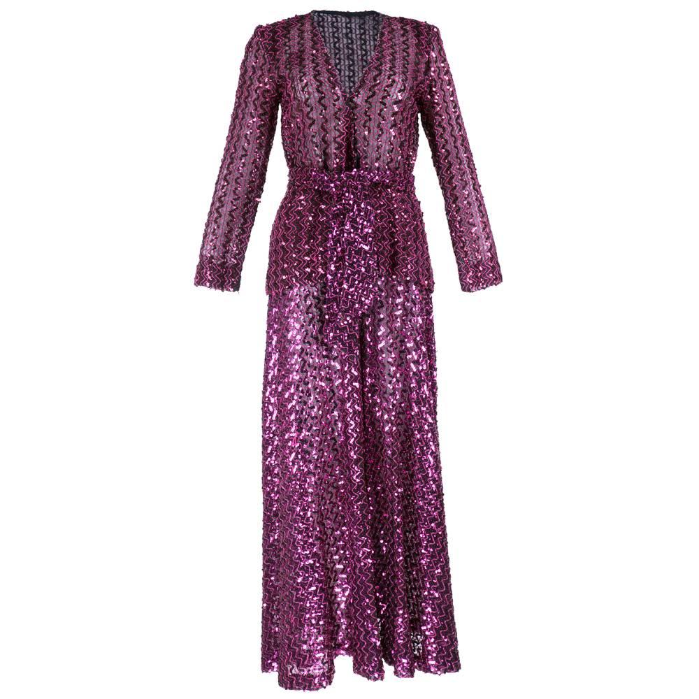 1970s Glam Magenta Sequin Pantsuit For Sale