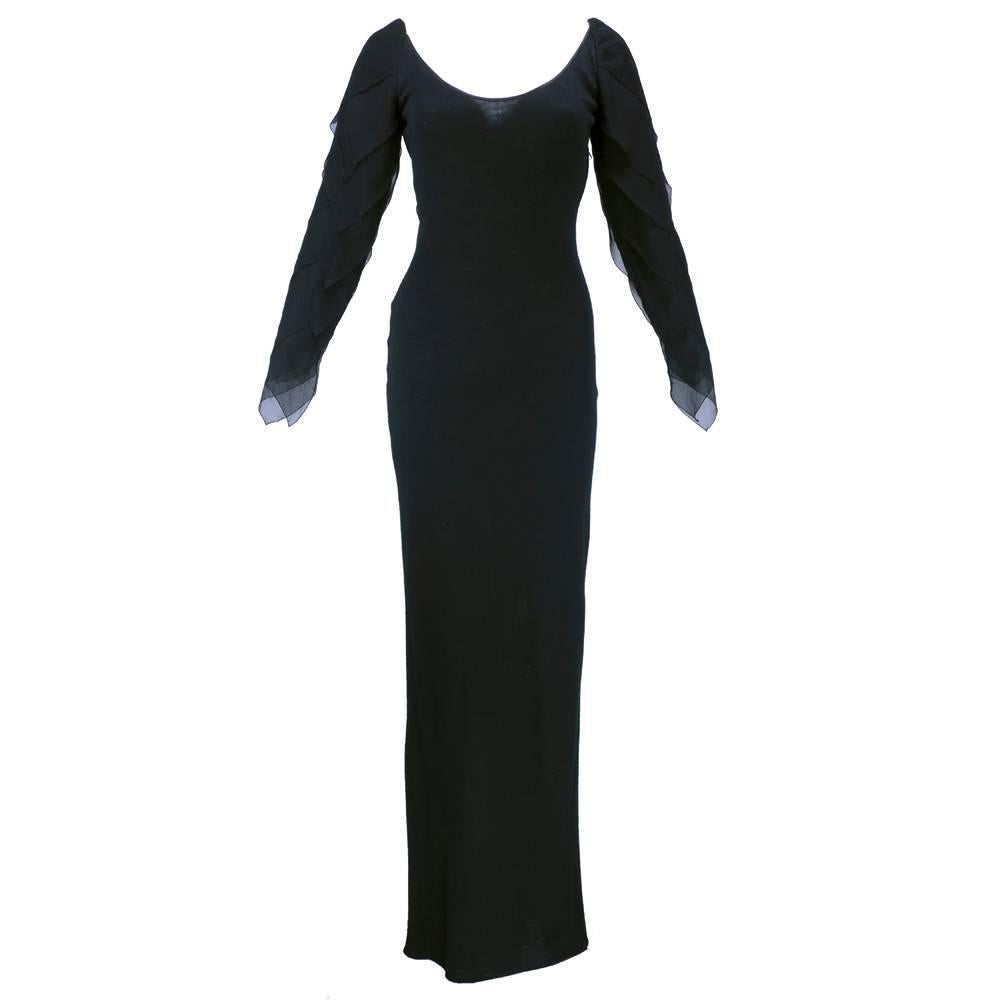 70s Galanos Black Fine Wool and Chiffon Gown For Sale