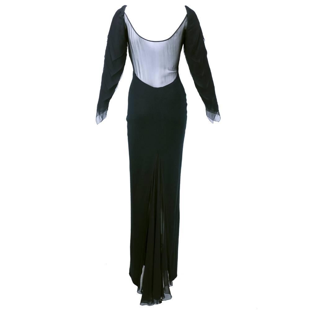 70s Galanos Black Fine Wool and Chiffon Gown In Excellent Condition For Sale In Los Angeles, CA