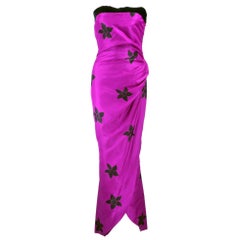 Vintage 80s Couture Finish Fuchsia Silk Strapless Floral Print Gown