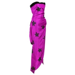 80s Couture Finish Fuchsia Silk Strapless Floral Print Gown