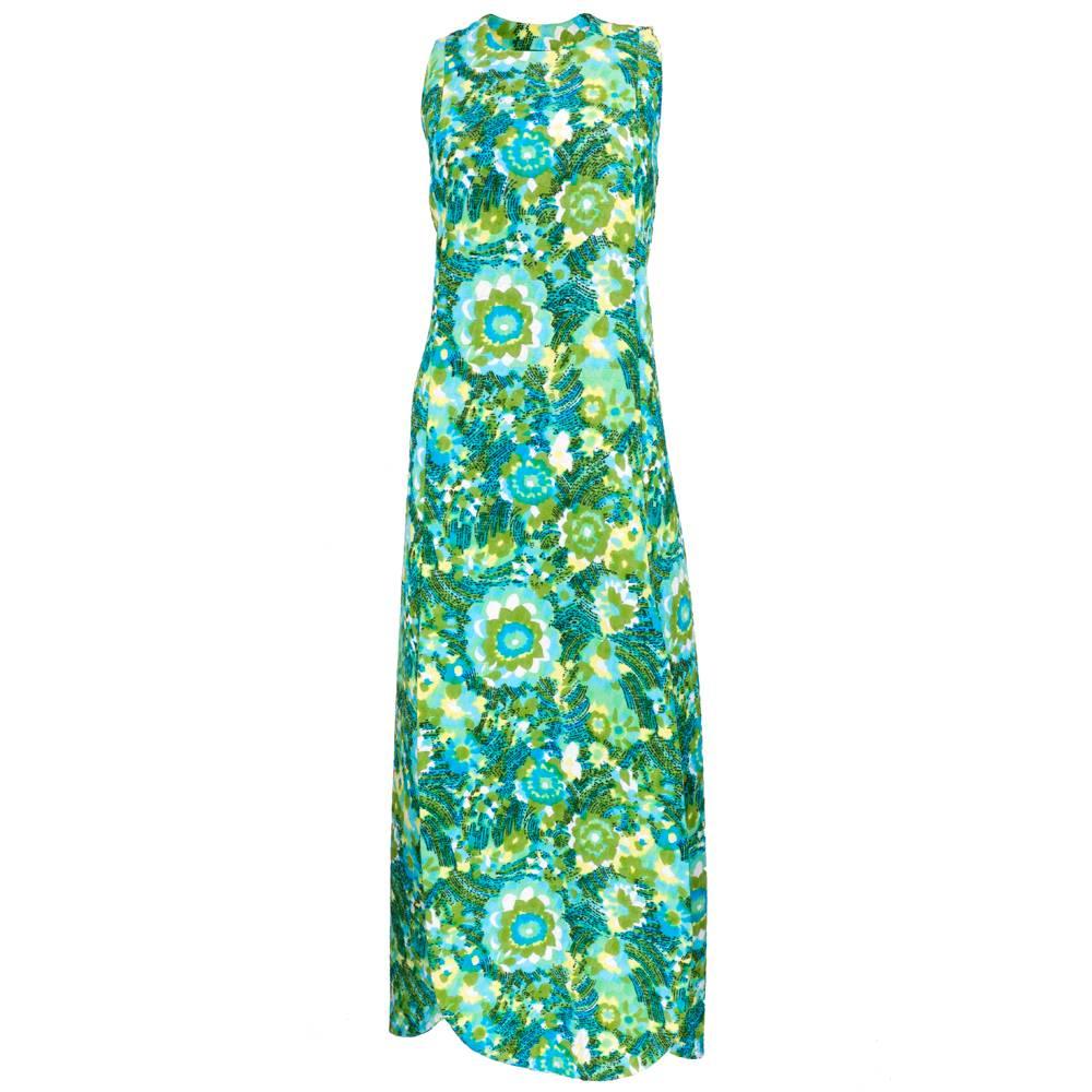 60s Pertegaz Quited Green Watercolor Floral Maxi Dress For Sale