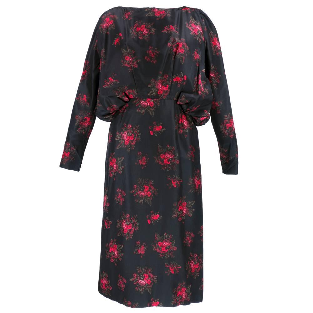 60s Trigere Black Silk Floral Blousoned Afternoon Dress For Sale