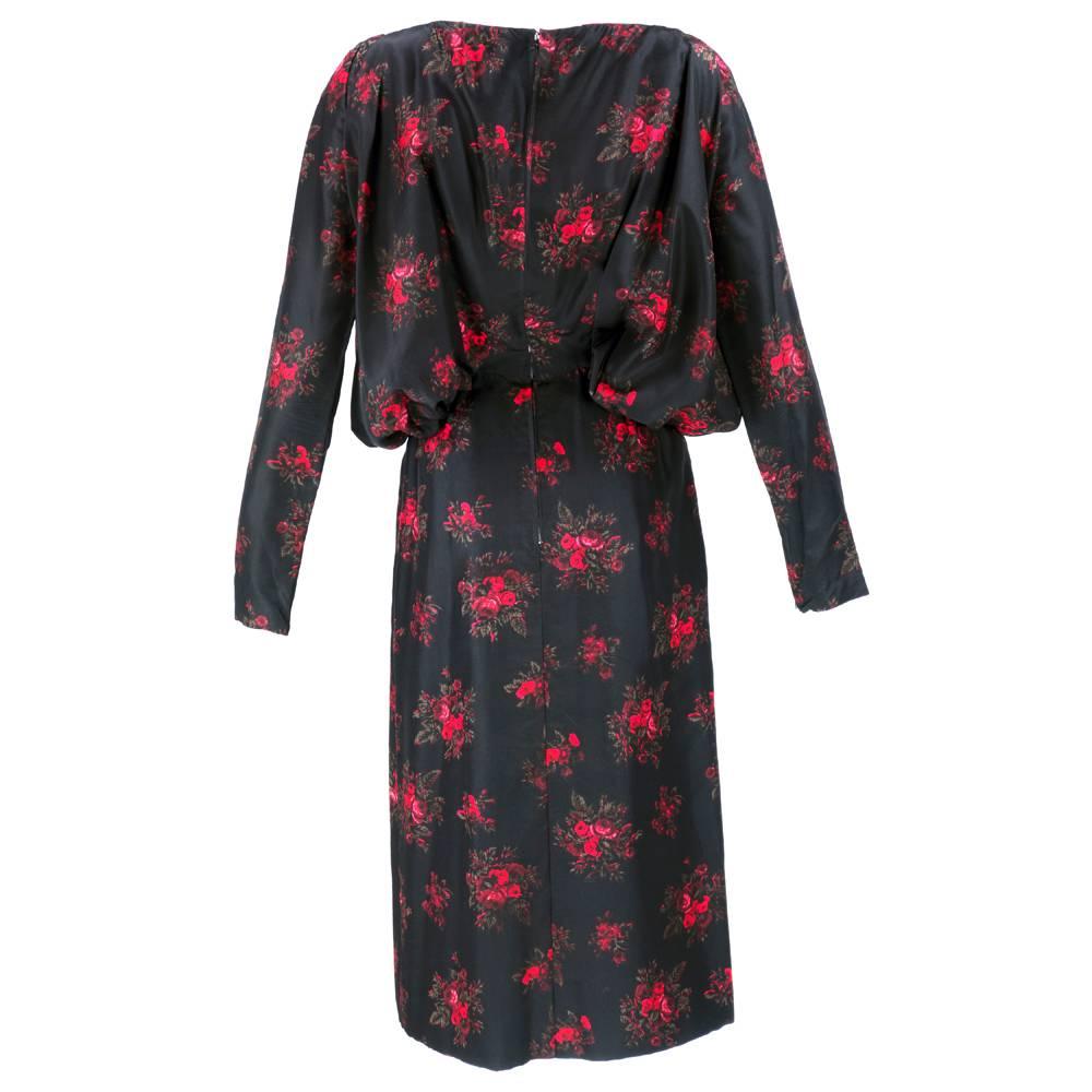 60s Trigere Black Silk Floral Blousoned Afternoon Dress In Excellent Condition For Sale In Los Angeles, CA