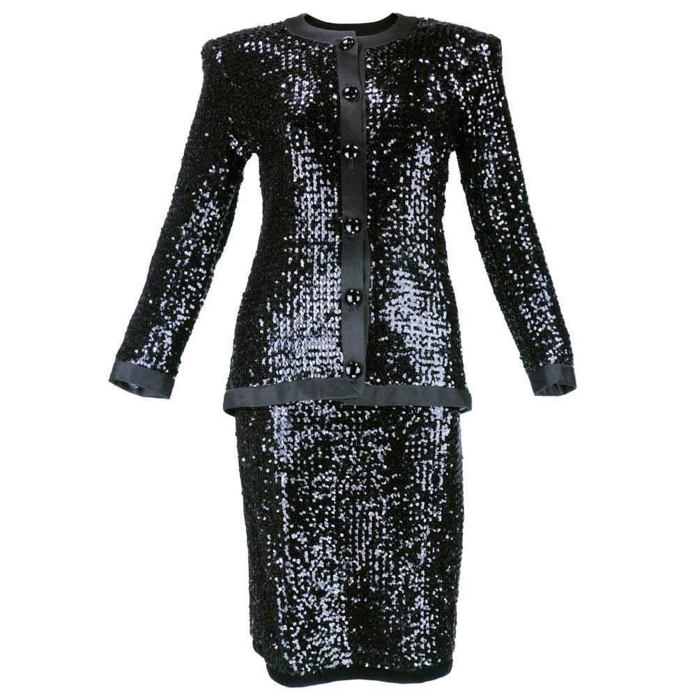 80s YSL Black Sequin Evening Suit For Sale