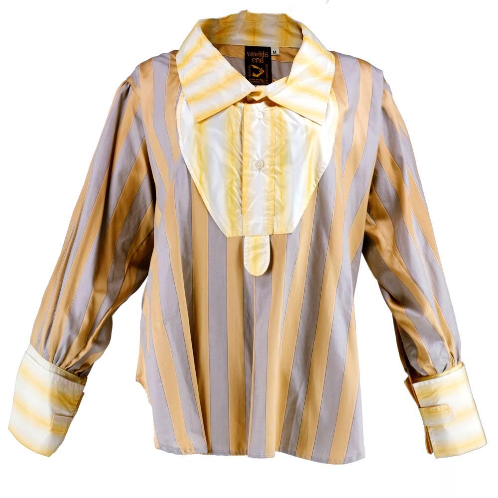 SIMILAR ITEM IN THE COLLECTION OF THE METROPOLITAN MUSUEM.  Vivienne Westwood designed for Worlds End shirt Circa 1980-83

Gold and grey striped cotton with oversized collar and deep cuffs.  A rare and collectable piece.