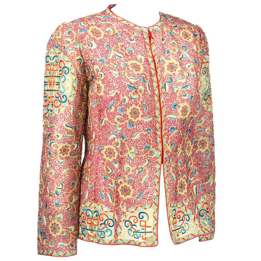 Beige McFadden Tambour Embroidered Silk Evening Jacket For Sale