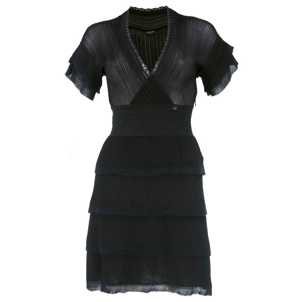 Chanel Sheer Knit Black Mini-Pleated Cocktail Dress For Sale