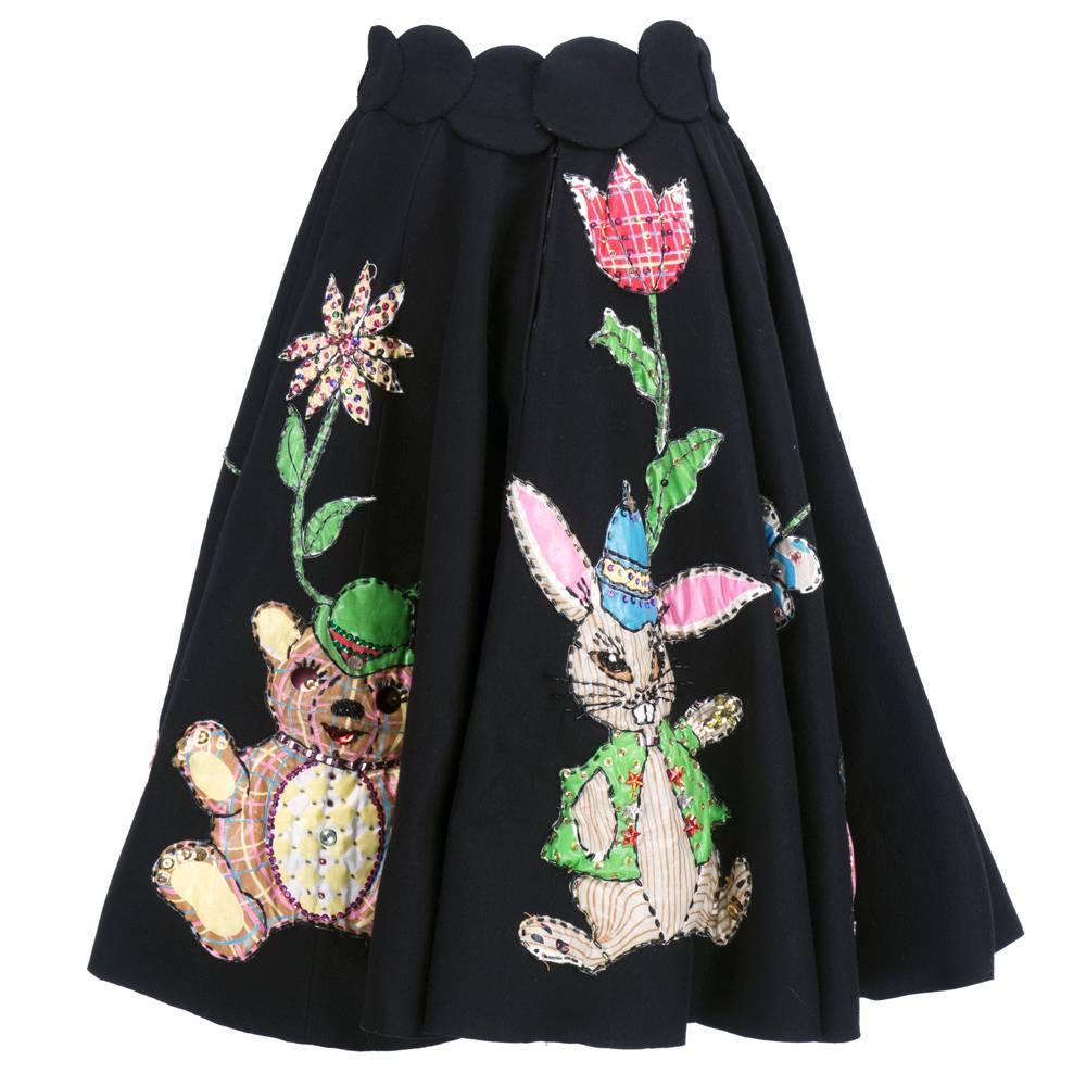 Black 1950s Felt Circle Skirt with Whimsical Appliqués