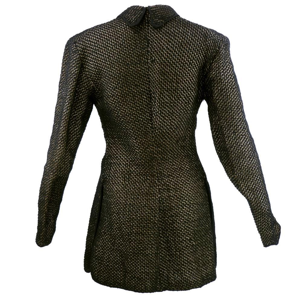 Stunning circa 1930 woven wool and metallic jacket from revered textile designer Pola Stout. Stout was known for creating textiles for Adrian, Edith Head, Christian Dior and Norman Norell. Strands of bullion (gold and silver metallic) thread are