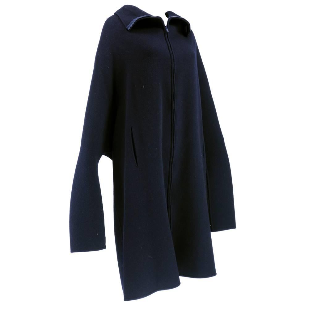 Art to wear piece by legendary Japanese designer Yohji Yamamoto circa 1990s. Navy blue wool blend, unlined zip front. Extra oversized with extra long arms.  Deep slash pockets.