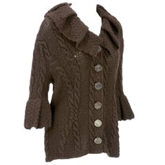 Oscar de la Renta Brown Cashmere Cable Knit Cardigan