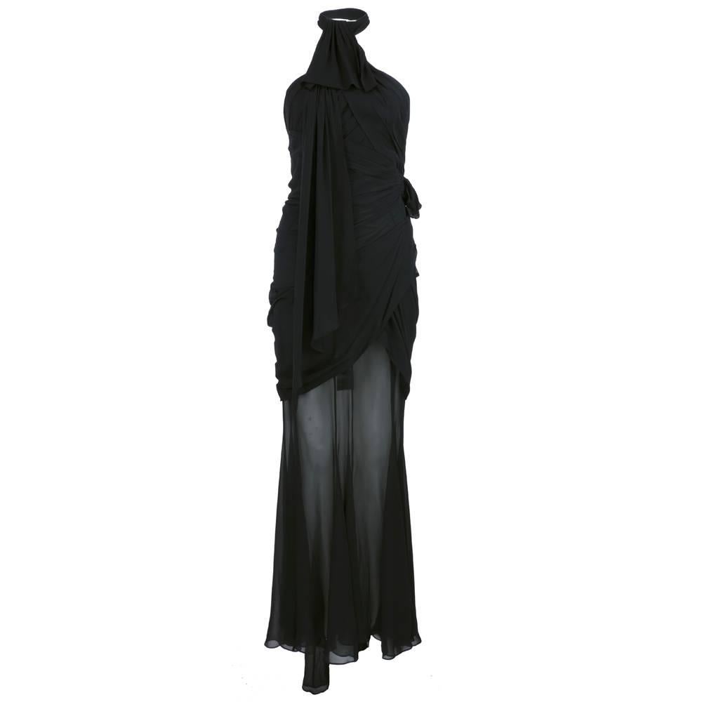 THIERRY MUGLER Black Silk Chiffon Body Con Gown  For Sale