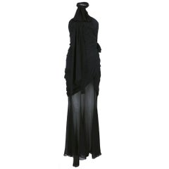 THIERRY MUGLER Black Silk Chiffon Body Con Gown 