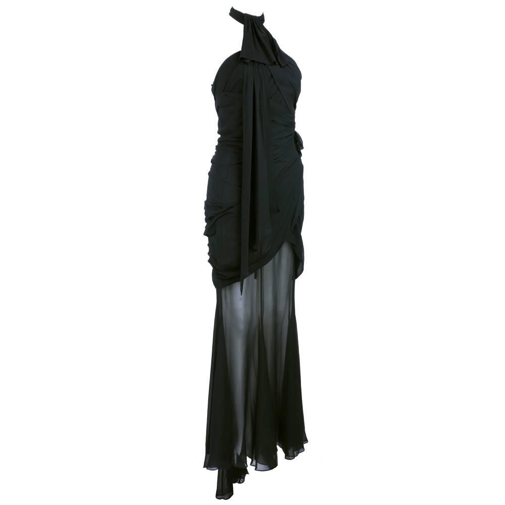 From the master of sexy - Thierry Mugler. Circa 1990s Black 100% silk chiffon shirred and draped gown - sheer from thigh down. High, wrap around neck  with bare shoulders and ultra fitted body. Tag EU 40. Excellent condition.