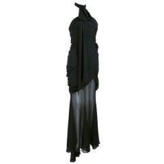 THIERRY MUGLER Black Silk Chiffon Body Con Gown