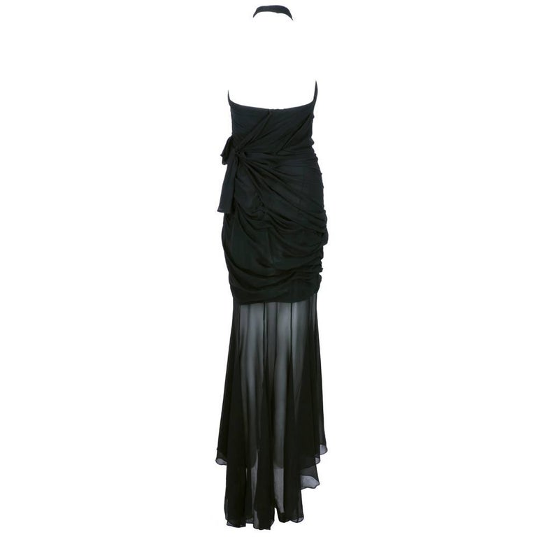 THIERRY MUGLER Black Silk Chiffon Body Con Gown For Sale at 1stDibs